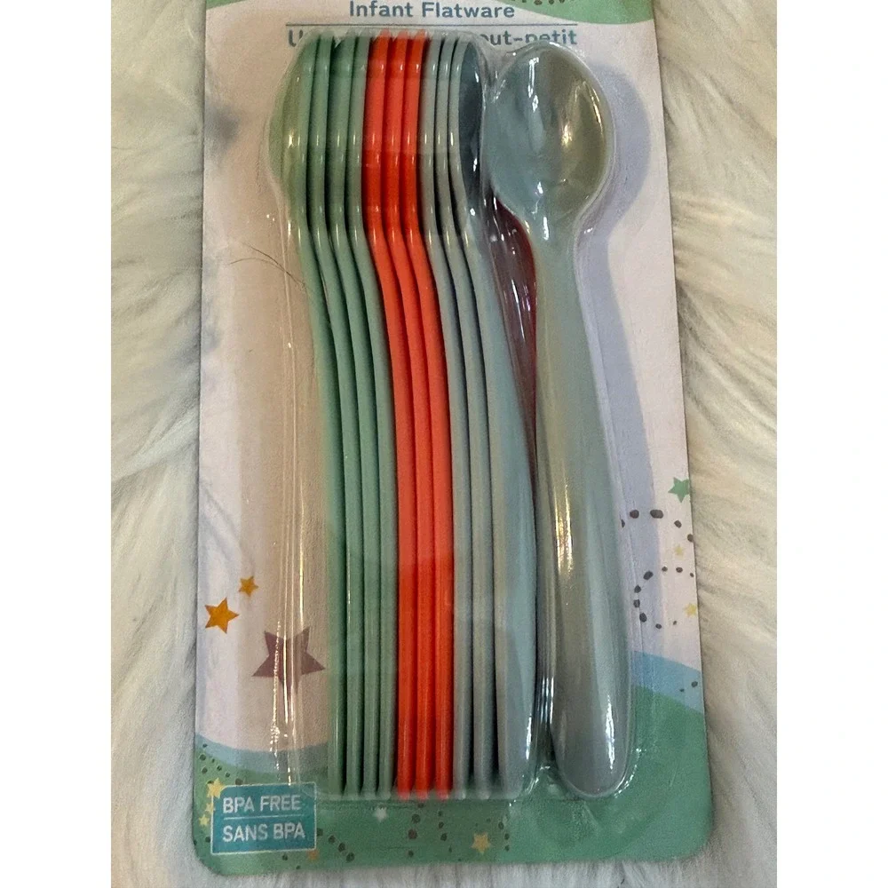 Angel of Mine Infant Flatware 12 Piece BPA Free Plastic Spoons Green Orange Grey